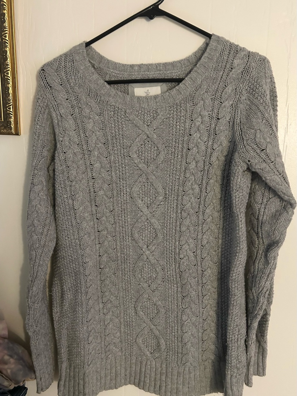aerie Light Gray Cable-Knit Crewneck Sweater